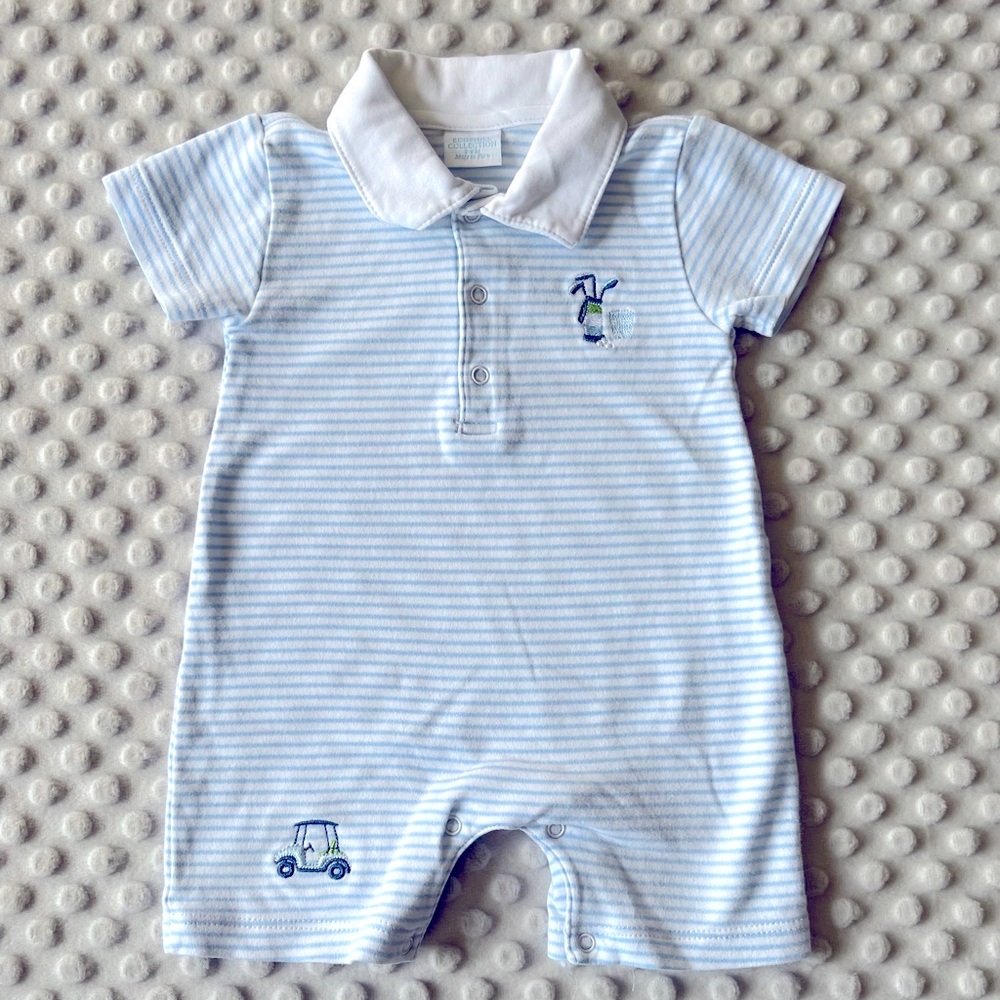 Edgehill Collection Blue and White Romper With Golf Embroidery size 3-6 months